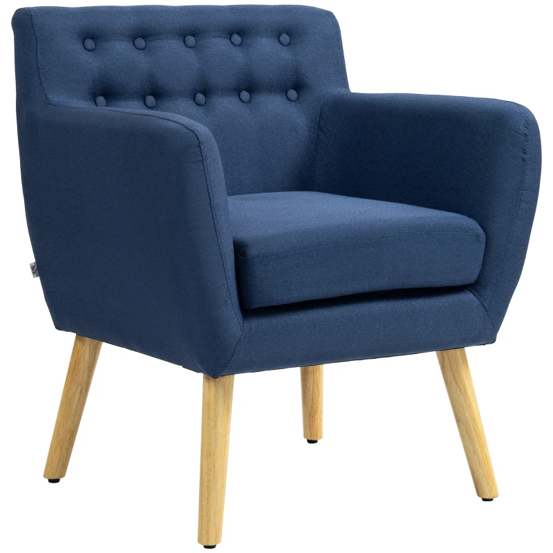 HOMCOM Linen Upholstery Armchair, Mid-Century Modern Accent Chair with Wood Frame and Thick Padding, Blue
