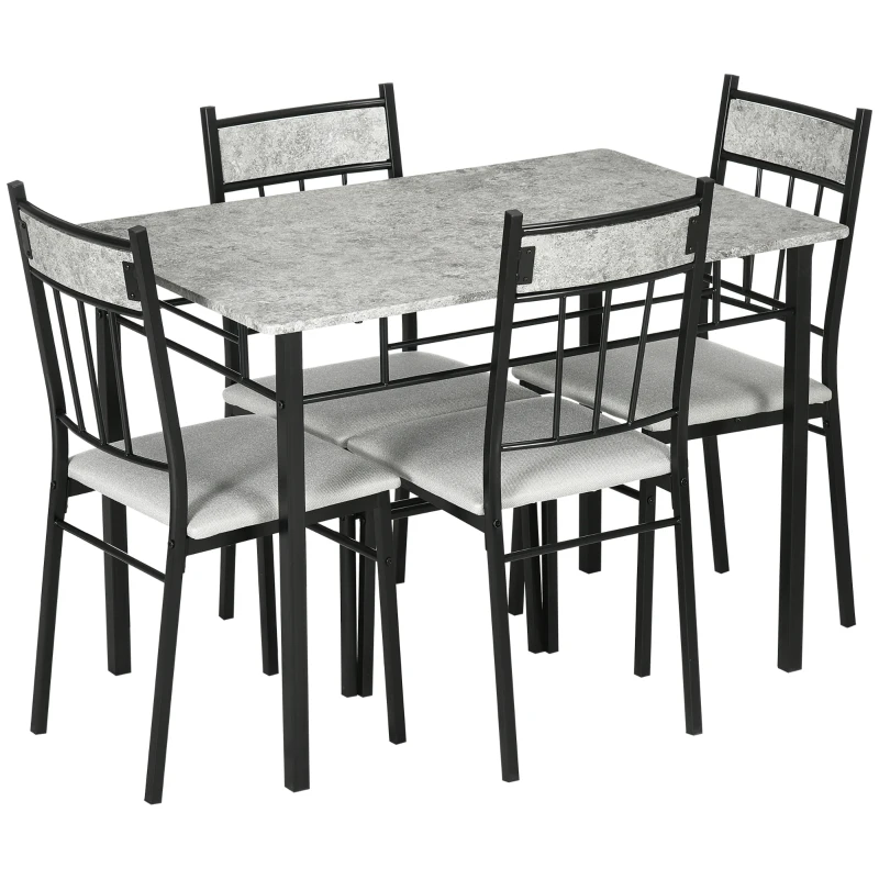 HOMCOM 5 Pieces Diner Tables Dining Room Sets for 4 People with Marble Effect Tabletop Padded Chairs and Metal Frame Grey