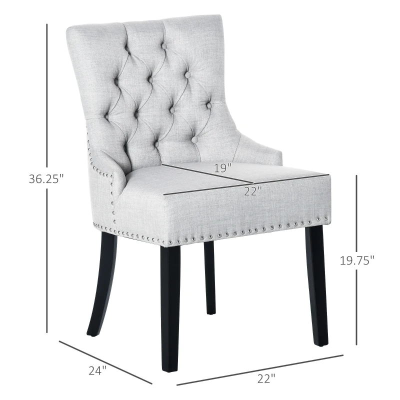 HOMCOM Swoop Air Linen Fabric Dining Chair with Nailhead Trim and Wood Legs, Light Grey