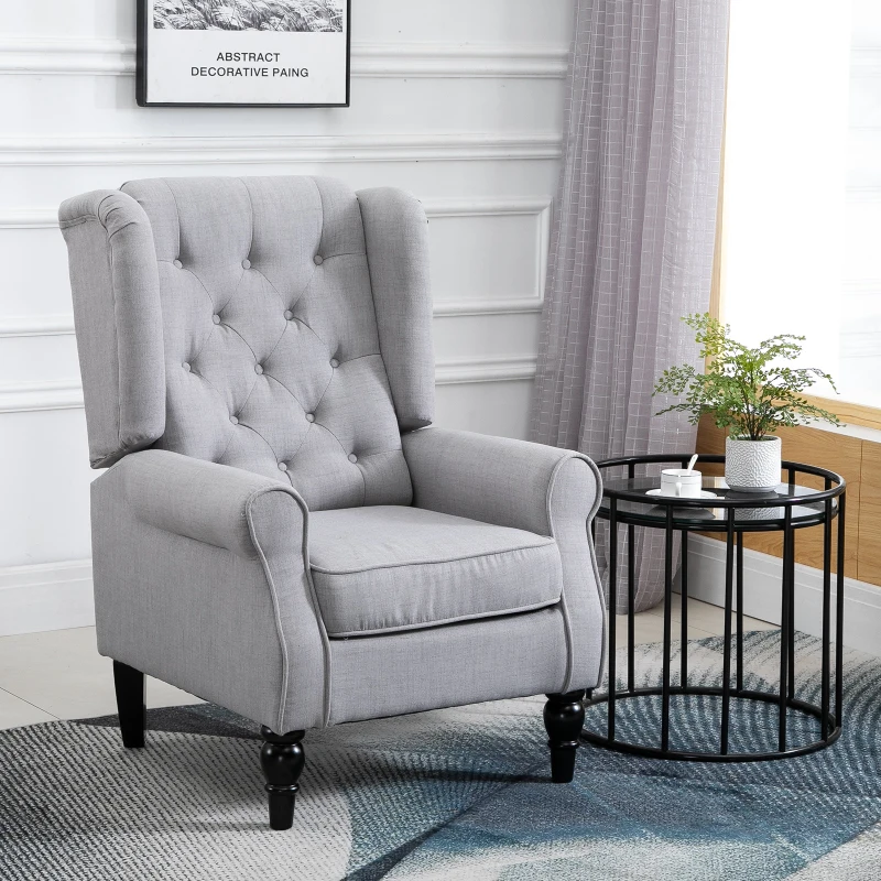 HOMCOM Mid-Century Modern Accent Chair, High Wingback Reading Chair, Button-Tufted Upholstered Fabric Armchair with Retro Wood Legs for Apartment, Living Room, Bedroom, Gray