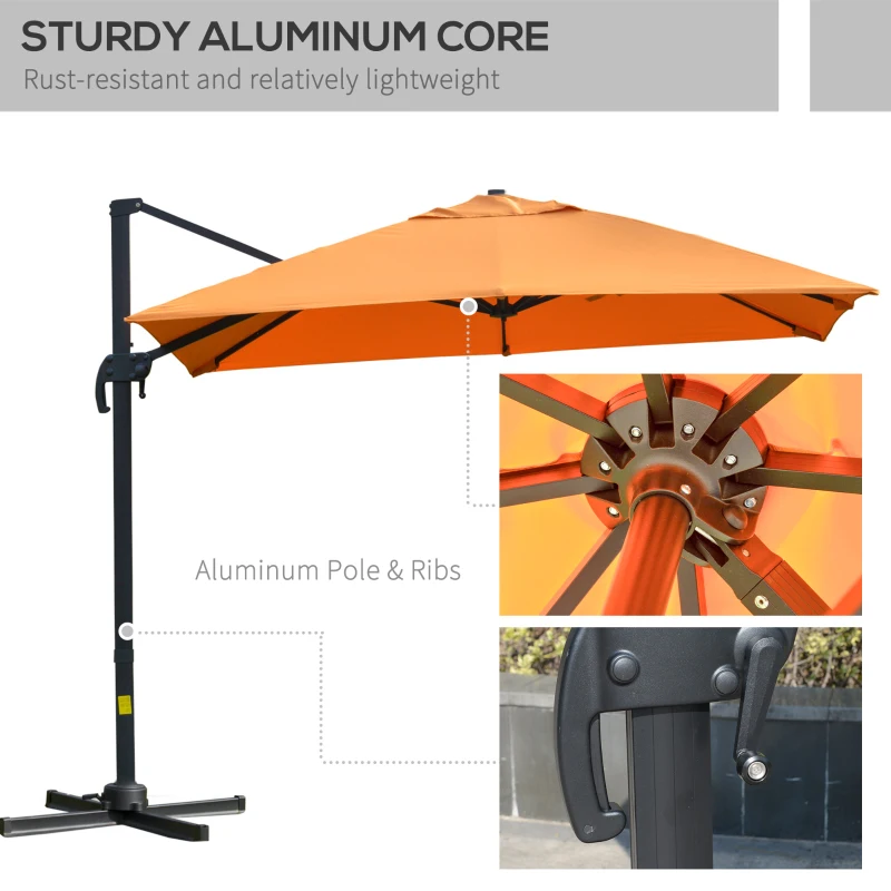 Outsunny 9.8x9.8ft Cantilever Umbrella Rotatable Square Top Market Parasol with 4 Adjustable Angle for Backyard Patio Outdoor Area Orange
