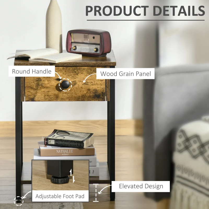 HOMCOM Industrial Side Table, End Table with Drawer and Storage Shelf for Living Room, Rustic Brown