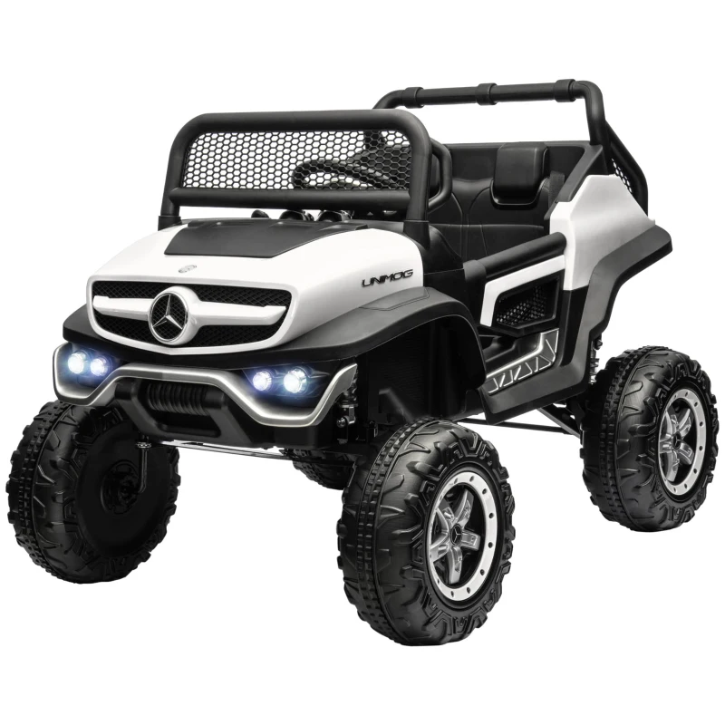 Aosom Kids Ride on Car, Licensed Mercedes-Benz Unimog 12V 7AH Battery Powered Electric Truck with Remote Control, 3 Speed Spring Suspension, LED Lights, MP3, Music, White