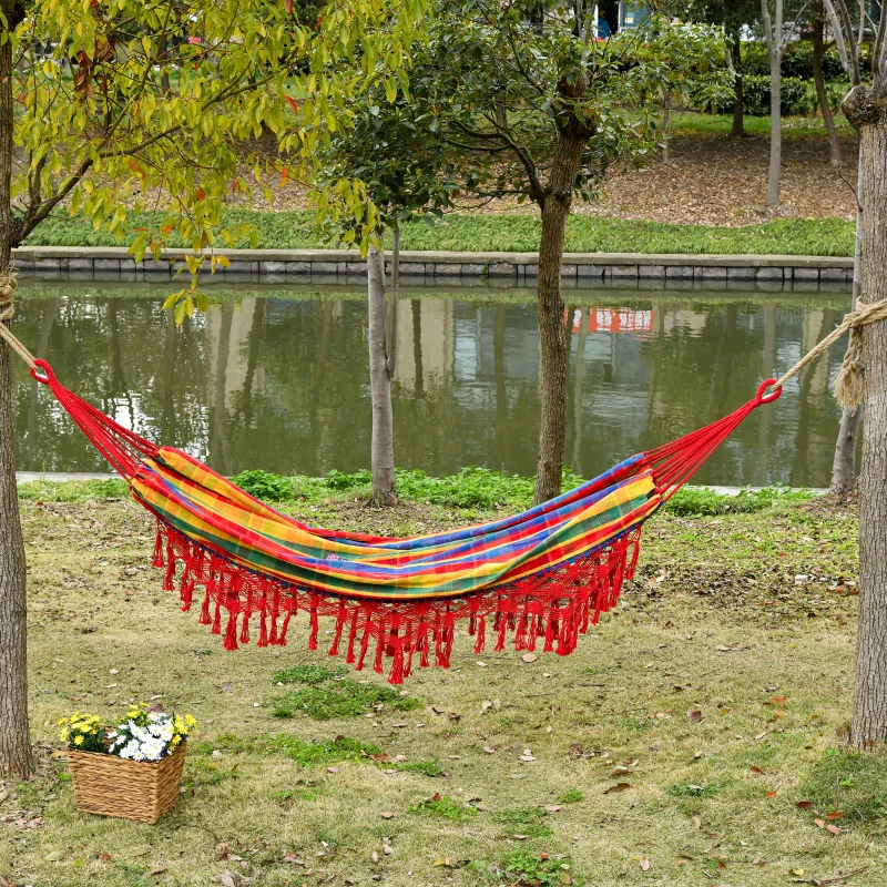 Outsunny Brazilian Style Hammock Extra Large Cotton Hanging Camping Bed with Carrying Bag, for Patio Backyard Poolside, Rainbow Stripe
