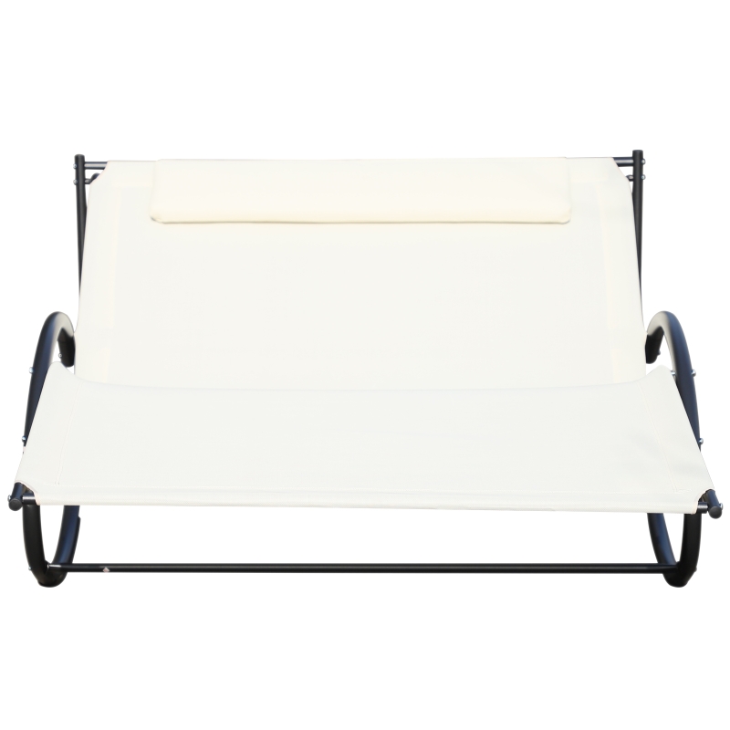 Outsunny Double Chaise Lounger Garden Rocker Sun Bed Outdoor Hammock Chair Texteline with Pillow Cream White