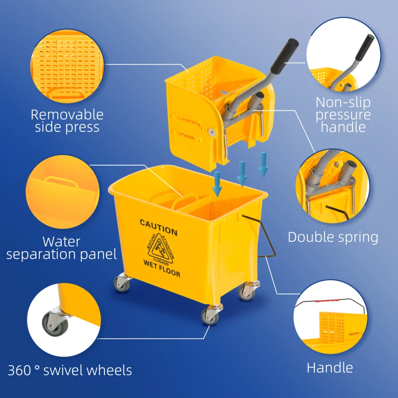 HOMCOM Compact Mop Bucket with Wringer, Mop Bucket on Wheels, 21 Quart, Separate Dirty and Clean Water, Yellow