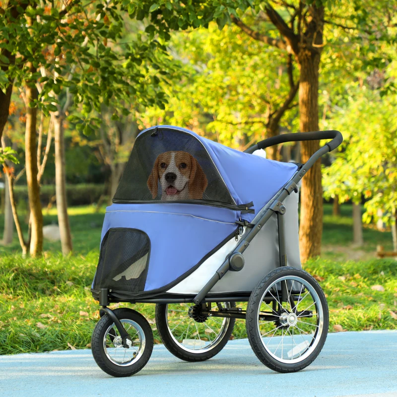 PawHut 3 Wheels Dog Stroller w/ One-Hand Fold, Rubber Wheels, Storage Bag, Soft Cushion, for Small & Medium Dogs, Blue