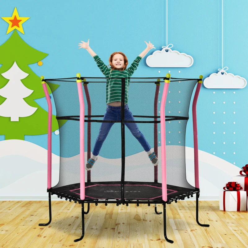 Soozier 63" Kids Trampoline Mini Indoor Bouncer Jumper with Enclosure Net Elastic Thick Padded Pole Gift for Child Toddler Age 3-10 Years Old Pink