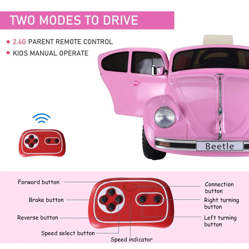 Aosom 6V Licensed Volkswagen Beetle Kids Electric Ride-On Car Battery Powered Motorized Vehicles W/ Remote Control,Horn Lights, MP3,Suspension,for 3-6 Years Old,Pink