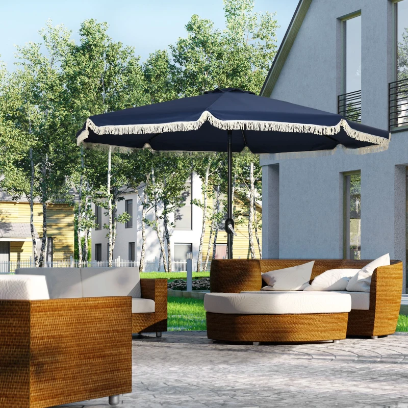 Outsunny 9ft Patio Umbrella Outdoor Table Umbrella w/ Tilt, Crank, Ruffled, 8 Ribs for Garden, Deck, Pool, Dark Blue