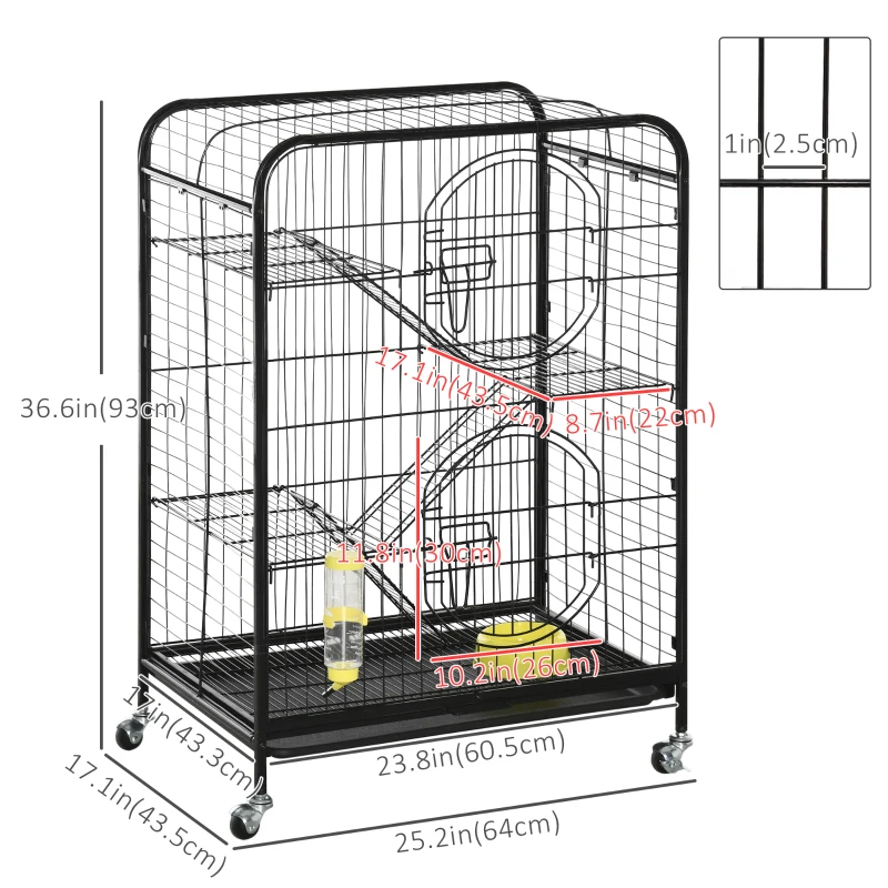 PawHut Rolling Small Animal Cage 36.6" Pet Rabbit Ferret Playpen, Animal Supply Kit Metal Black for Bunny, Pet Mink, Chinchilla