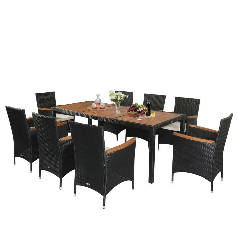 Outsunny 9 Pieces Outdoor Dining Set for 8, Wicker Rattan Patio Furniture Set, Patio Table and Chairs Set with Cushions, Acacia Wood Table Top, Conversation Set for Garden Backyard Deck, Cream White
