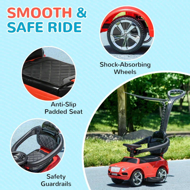 Qaba Bentley Bentayga Licensed Push Car, 3 in 1 Kids Ride on Car Foot to Floor w/ Music Horn, Red