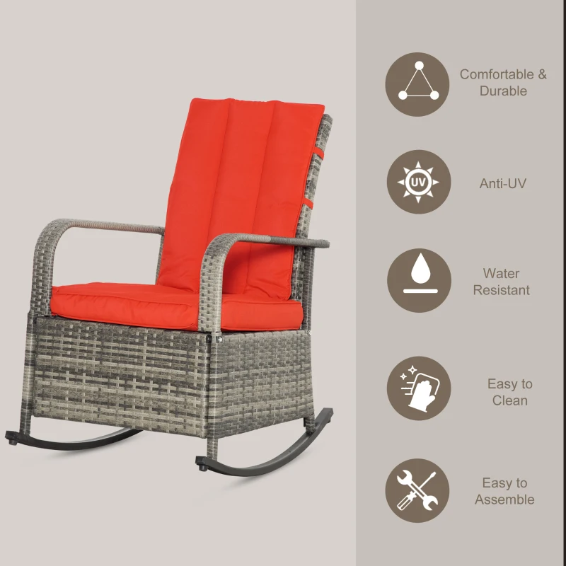 Outsunny Outdoor Wicker Rocking Chair with Cushion, Patio PE Rattan Recliner Chair with Adjustable Footrest, Armrests, Red