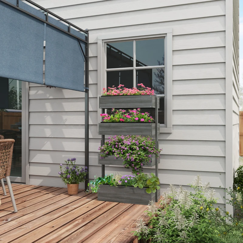 Outsunny Outdoor Wooden Vertical Garden Planter, 4 Tier Planter Box, Self-Draining for Flowers, Vegetables, Herbs, Gray