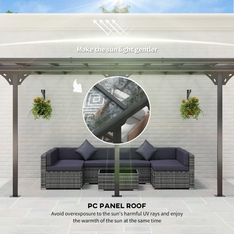 Outsunny 14.5' x 10' Aluminum Polycarbonate Pergola with UV Blocking for Outdoor Wall-Mounted Use, Family Shade, Gray