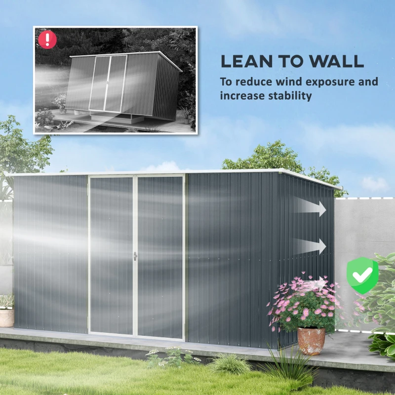 Outsunny 11.2' x 5.6' Storage Shed w/ Lockable Door, Galvanized Metal Utility Outdoor Shed for Backyard, Bike, Patio, Cold Gray