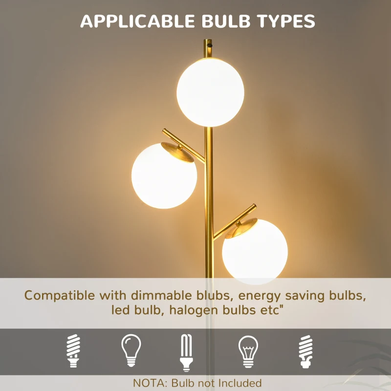 HOMCOM Modern 3-Light Floor Lamp for Living Room, Tree Standing Lamp with Globe Lampshades, 10.75"x10.75"x66.5", Gold