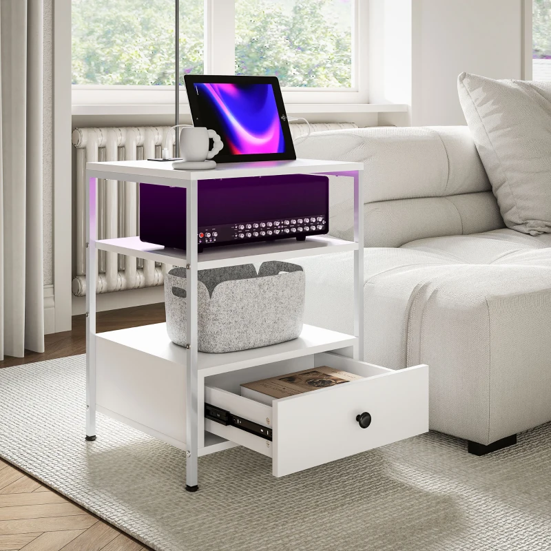 HOMCOM Set of 2 Side Tables with Charging Stations and LED Lights, End Tables with Drawer and Shelves for Living Room, White