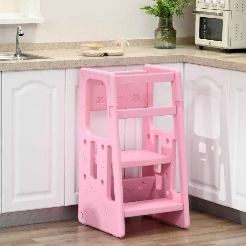 Qaba Toddler Tower with Adjustable Height, Anti-slip Mat, Toddler Step Stool, Pink