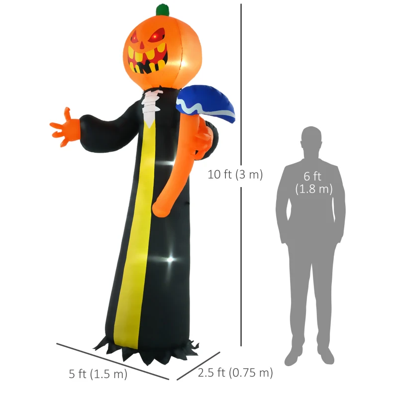 HOMCOM 10ft Halloween Inflatable Pumpkin Head Ghost with Hammer, Built-in LED Lights for Yard, Lawn Decoration
