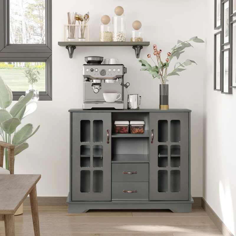 HOMCOM Sideboard Buffet Cabinet, Kitchen Cabinet, Coffee Bar Cabinet with 2 Framed Glass Doors, 2 Drawers and 2 Open Shelves for Living Room, Gray