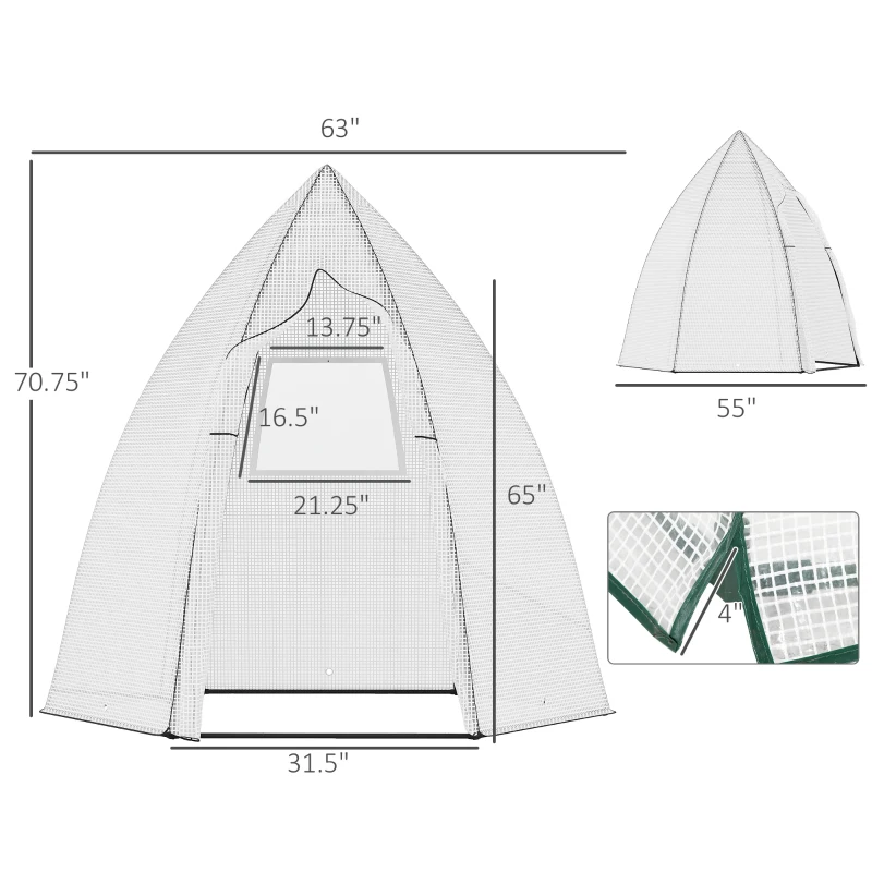 Outsunny 63" x 54" x 71" Tent-Style Mini Greenhouse, Portable Hot House for Plants with Zipper Roll Up Door and Window for Outdoor, Garden, Patio, White