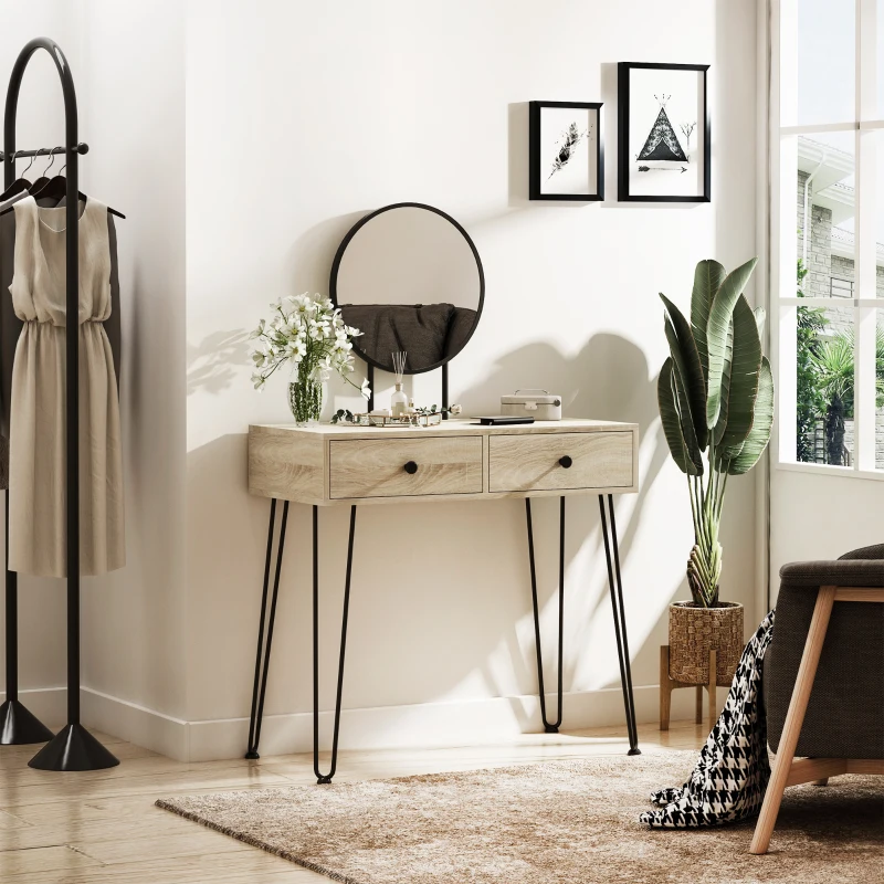 HOMCOM Vanity Table, Makeup Vanity Table with Round Mirror, 2 Drawers, Modern Dressing Table for Bedroom, Oak