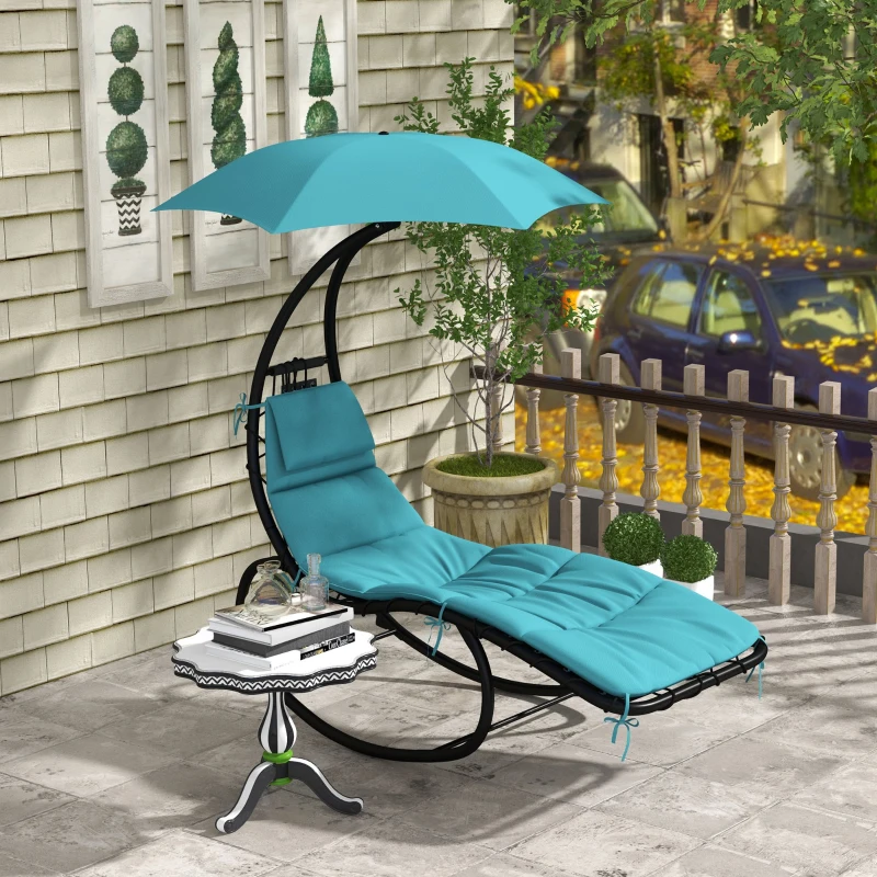 Outsunny Tanning Chair with Sunshade Roof, Rocking Base, Cushion, Headrest, Turquoise