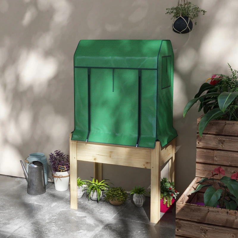 Outsunny Raised Planter Box with PE Greenhouse Cover and Bed Liner, Wooden Garden Bed for Vegetables, Flowers, Herbs