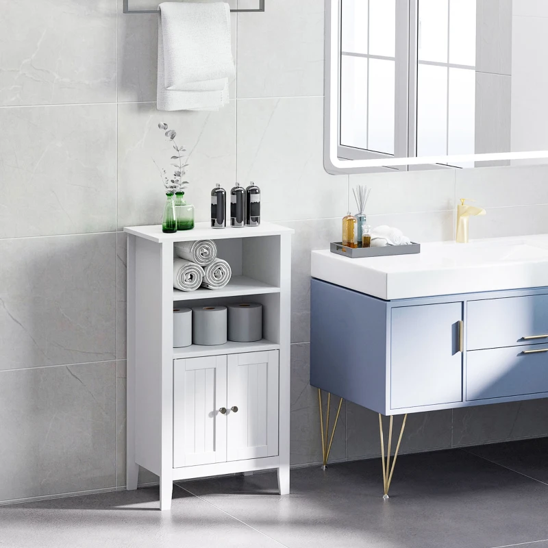 kleankin Bathroom Floor Cabinet, Wooden Bathroom Cabinet with 2 Open Shelves, Double Doors and Adjustable Shelves, Freestanding Storage Cabinet for Bathroom, White