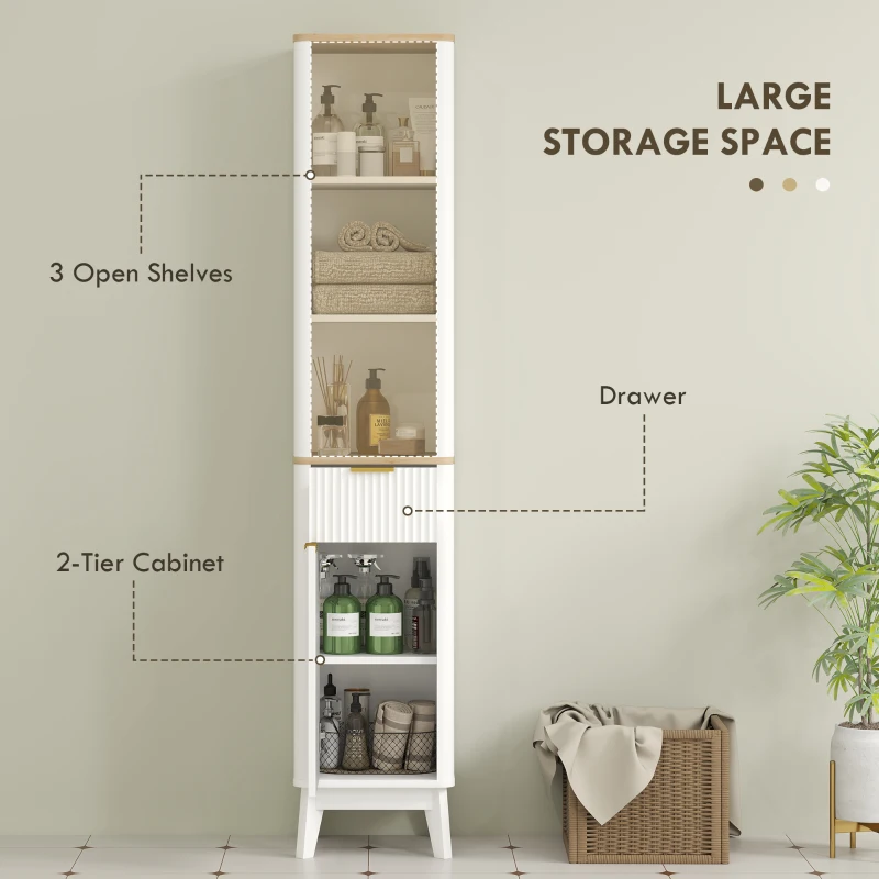 HOMCOM 67" Tall Bathroom Cabinet, Narrow Bathroom Storage Cabinet with 3 Open Shelves, Drawer and 2 Adjustable Shelves, White