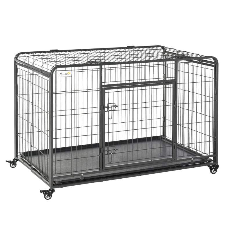 PawHut Folding Dog Crate Heavy Duty Cage for Extra Large Sized Dogs with Double Doors, Lockable Wheels Tray, 49" x 30" x 32"
