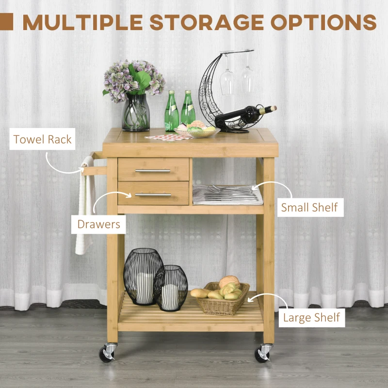 HOMCOM Bamboo Kitchen Island Cart on Wheels, Utility Trolley Cart with 2 Storage Drawers and Open Shelves, Bamboo Tone