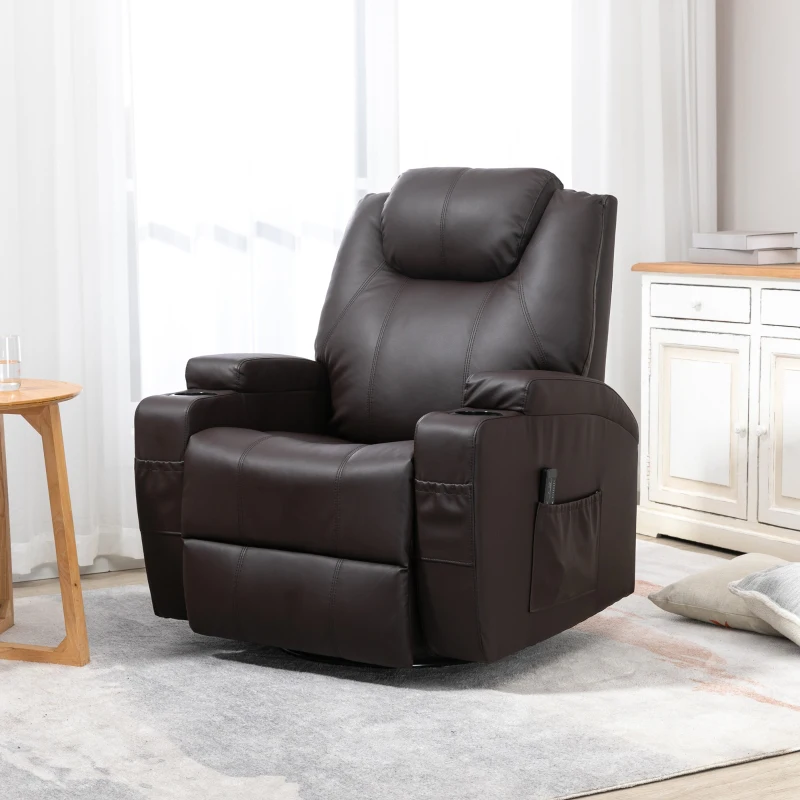 HOMCOM Massage Recliner Chair, Swivel Nursery Rocker Chair, Manual Reclining Sofa with 8 Vibration Points, PU Leather, Cup Holders, Side Pockets, for Living Room, Brown