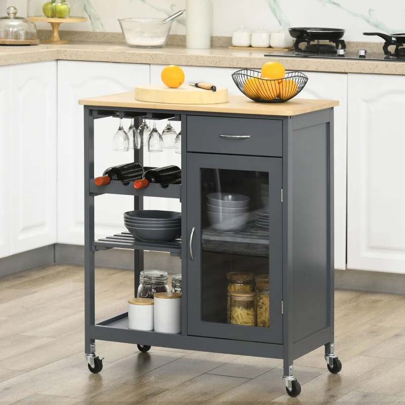 HOMCOM Rolling Kitchen Island with Storage, Kitchen Cart with 4-bottle Wine Rack, Bar Cart with Stemware Holder, Shelves, Drawer and Cabinet, Gray