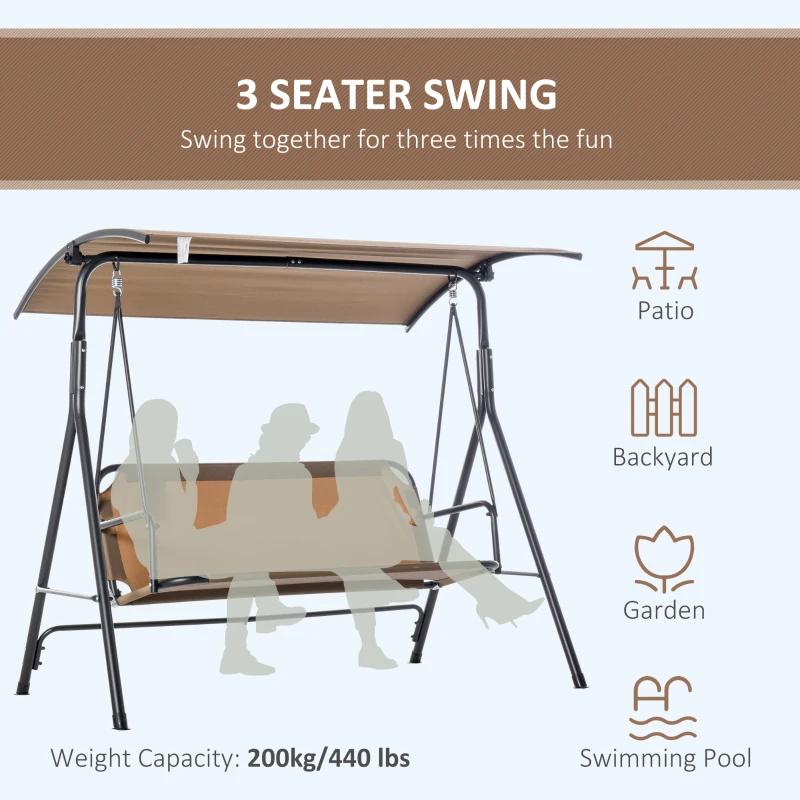 Outsunny 3-Person Porch Swing with Stand, Outdoor Swing for Patio Porch with Adjustable Tilt Canopy and Comfortable Swing Bench-Style Seat, Steel Frame, Brown