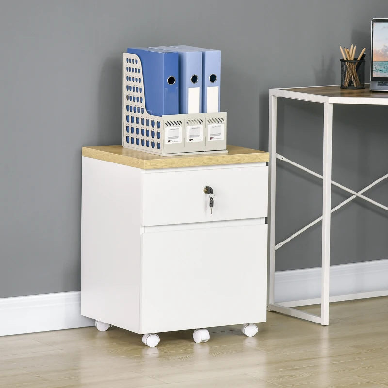 Vinsetto Vertical Filing Cabinet with 2 Drawers, Rolling Locking File Cabinet with Hanging Bars for Legal Size and Wheels, for Home Office Study, White