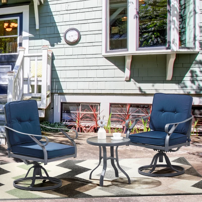 Outsunny 3 Piece Outdoor Patio Bistro Set with 2 360-Degree Swivel Rocking Chairs, Cushions, and 1 Tempered Glass Table for Lawn, Porch, Garden, Blue