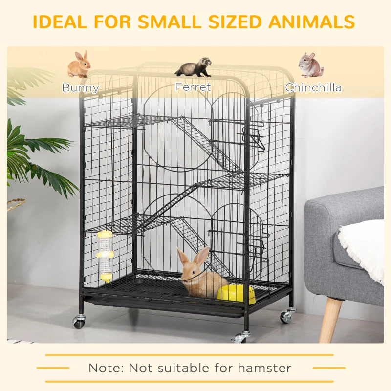 PawHut Rolling Small Animal Cage 36.6" Pet Rabbit Ferret Playpen, Animal Supply Kit Metal Black for Bunny, Pet Mink, Chinchilla