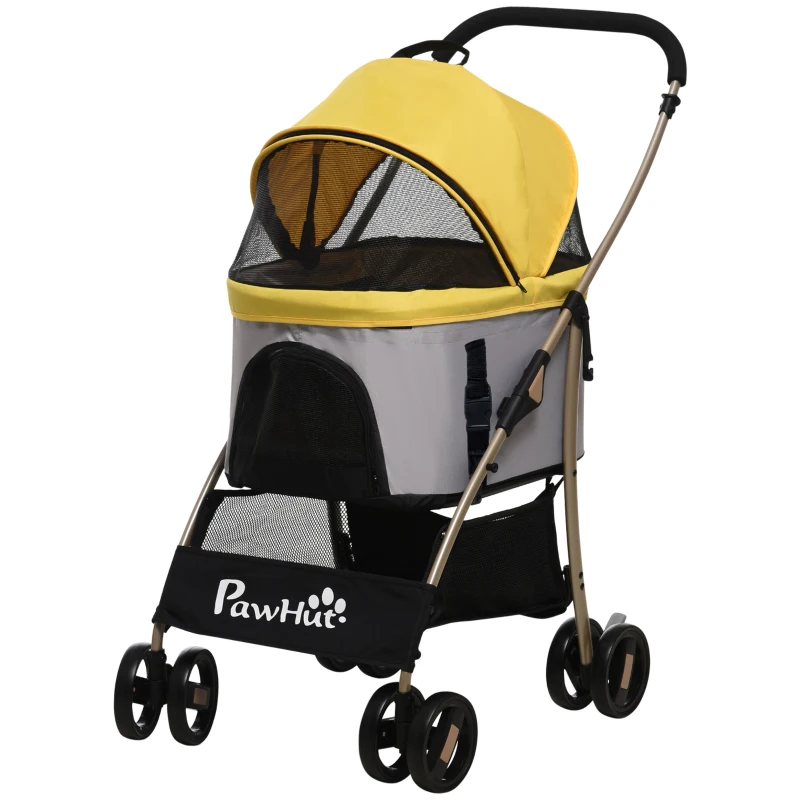 PawHut 4 Wheels Pet Stroller, 3 in 1 Dog Cat Travel Folding Carrier, for Small Dogs, Detachable, w/ Brake, Canopy, Basket, Storage Bag - Yellow