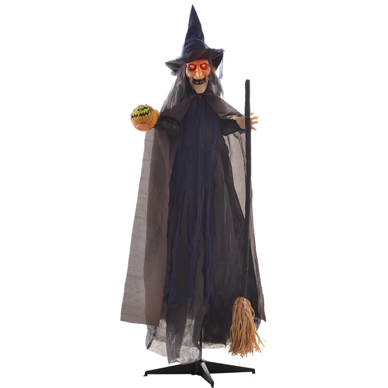 HOMCOM 6.2' Life Size Decoration Animatronic Witch w/ Broomstick Outdoor Halloween, Sound & Motion Activated w/ Light Up Eyes