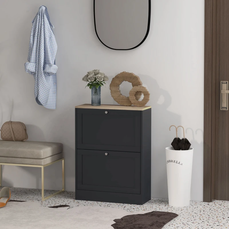 HOMCOM Slim Shoe Storage Cabinet, Modern Shoe Cabinet with 2 Flip Drawers and Adjustable Shelves for 8-12 Pairs, Black