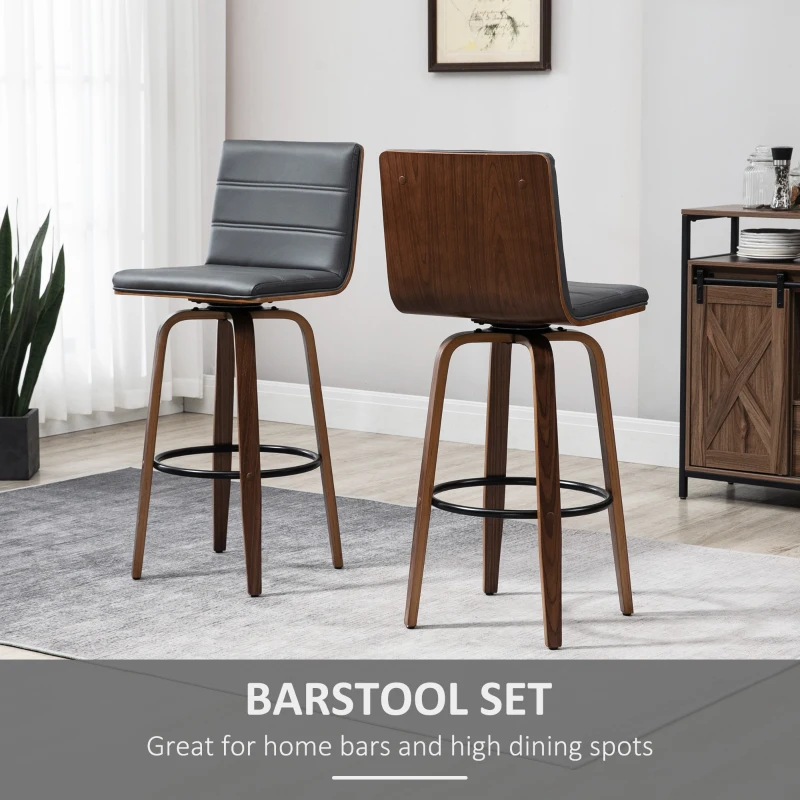 HOMCOM 28" Swivel Bar Set of 2 Height Bar Stools, Armless Upholstered Barstools Chairs with Soft Padding Seat and Wood Legs, Grey