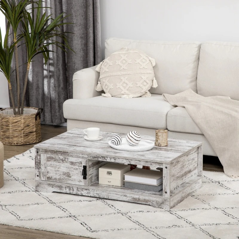 HOMCOM Coffee Table, Vintage Style Center Table with Cabinet, Open Storage Compartments, Coffee Tables for Living Room, Bed Room, White
