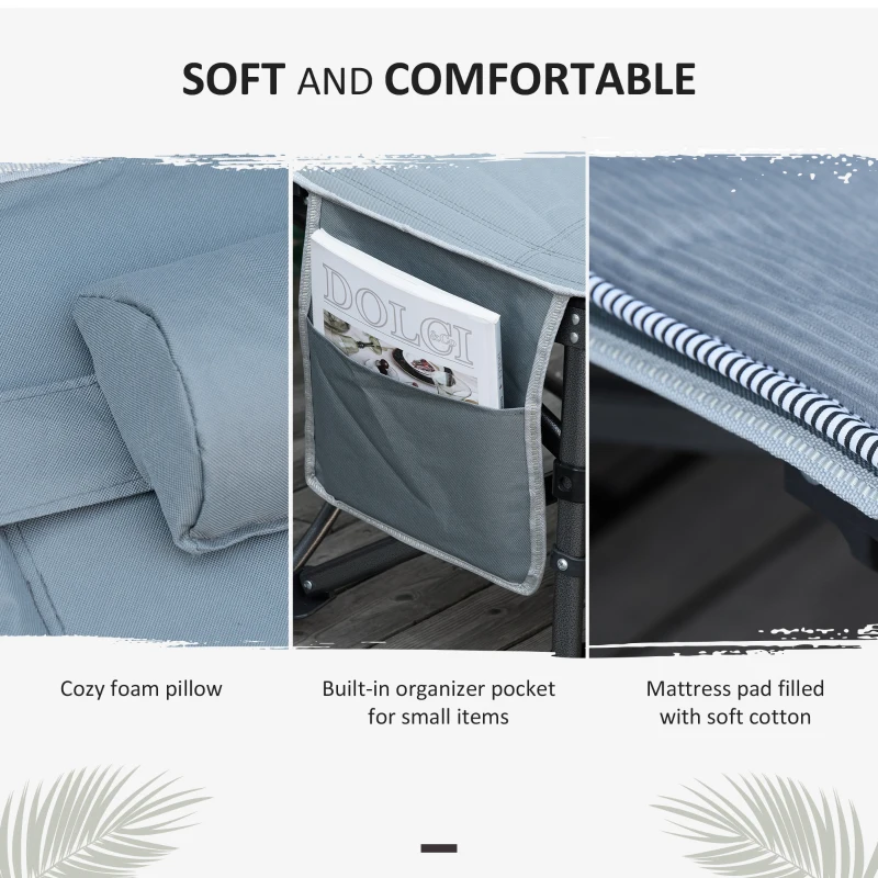 Outsunny Folding Camping Cot, Double Layer Heavy Duty Sleeping Cot with Carry Bag, Headrest, 2-Sided Reversible Mattress, Portable & Lightweight Cot Bed, Gray