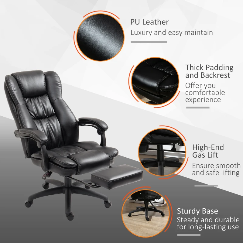 Vinsetto High Back Massage Office Chair with 6-Point Vibration, 5 Modes, Executive Chair, PU Leather Swivel Chair with Reclining Back, and Retractable Footrest, Black