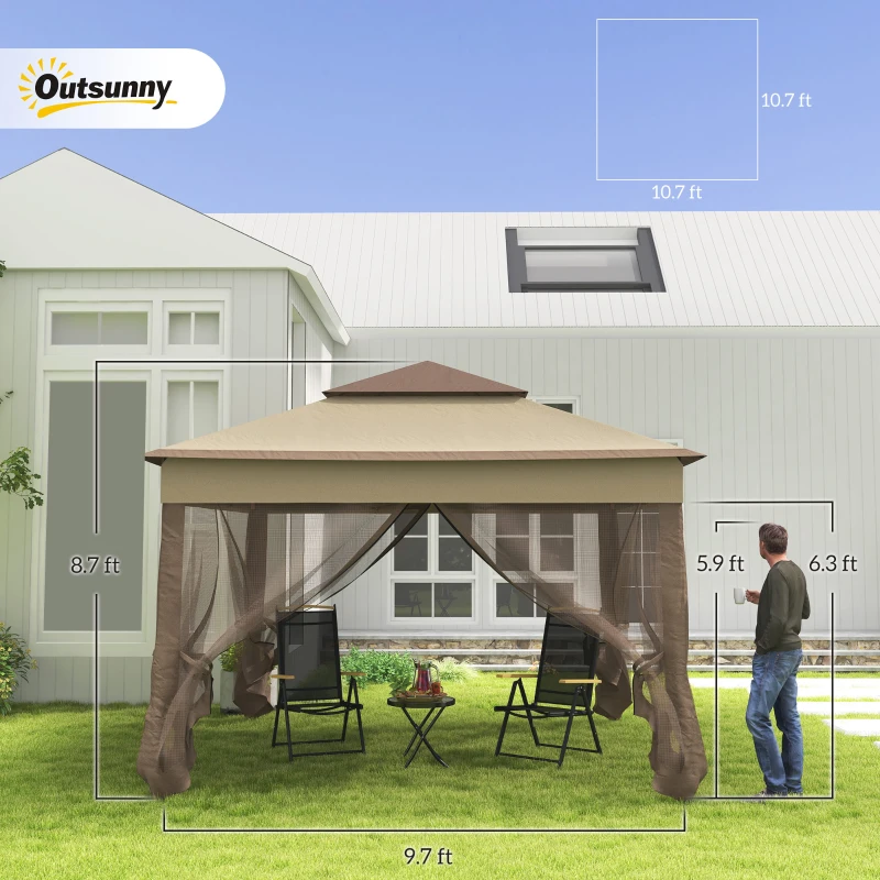 Outsunny 11' x 11' Pop Up Canopy, Outdoor Patio Gazebo Shelter with Removable Zipper Netting, Instant Event Tent w/ 114 Square Feet of Shade and Carry Bag for Backyard, Garden, Khaki