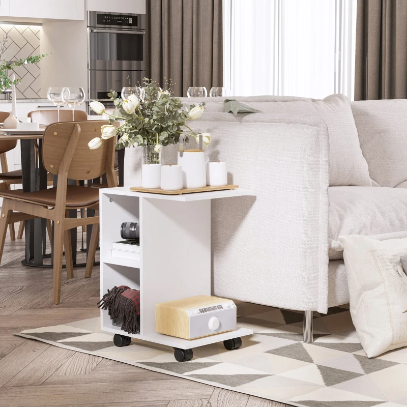HOMCOM C-Shape Side Table End Table with Storage Open Shelf, Coffee Table on Wheels for Home Office Studio White