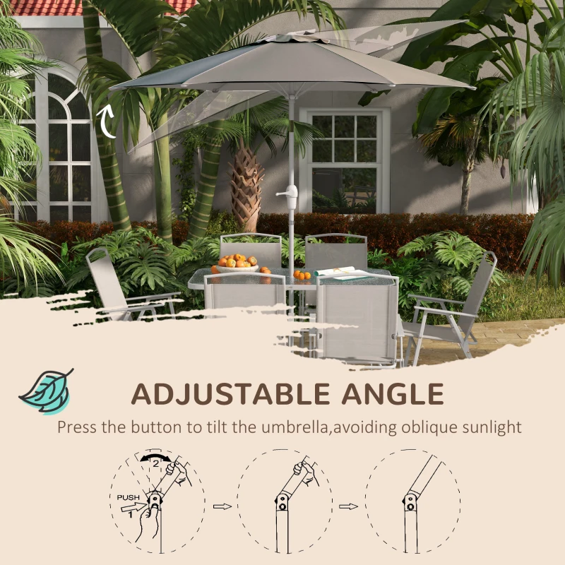 Outsunny 8 Piece Patio Dining Set with Table Umbrella, 6 Folding Chairs and Rectangle Dining Table, Grey